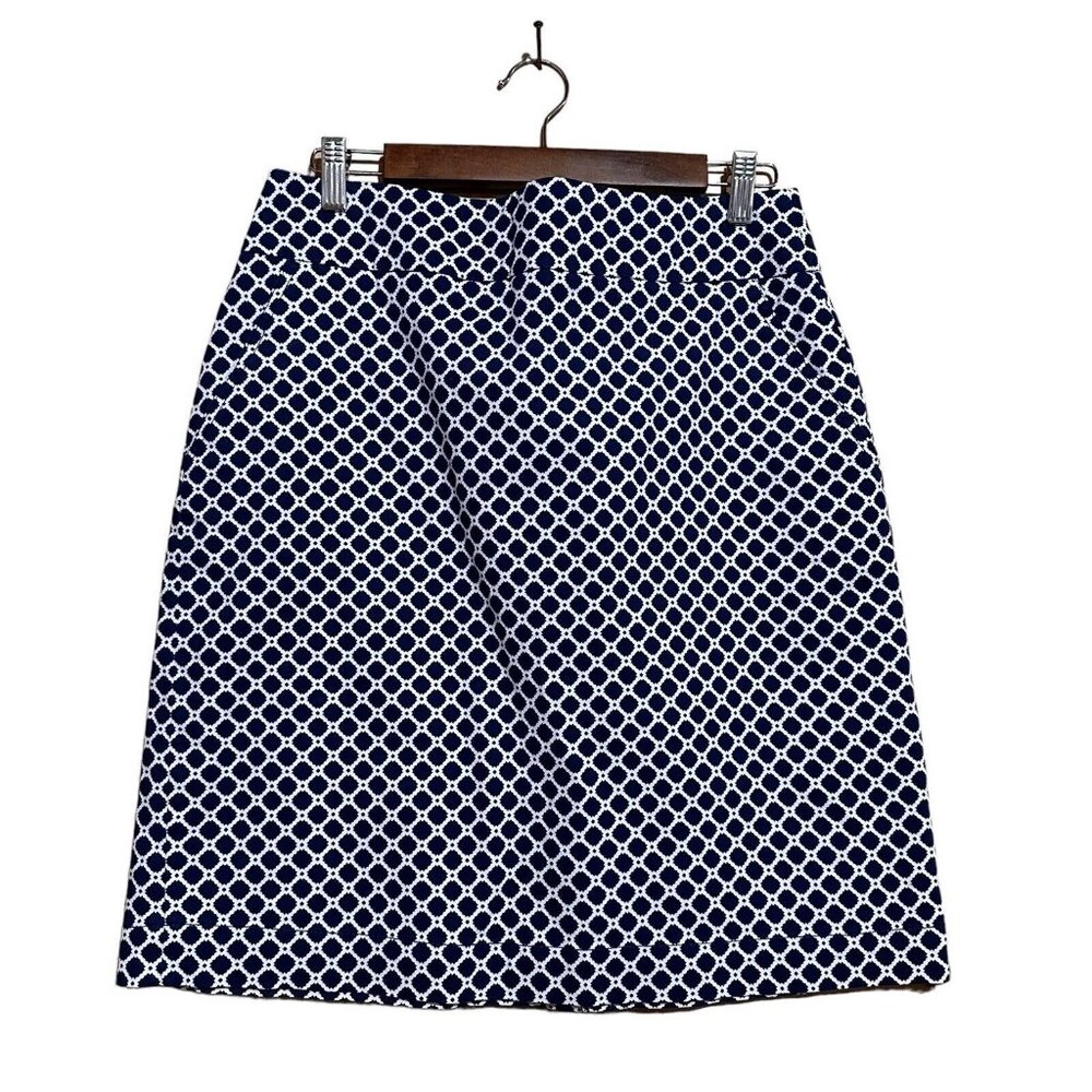 Chadwicks Of Boston 8 Geometric Print Navy White Cotton Blend Skirt Side Pockets